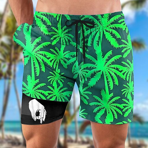 Herren Kokospalme Lustige Gesten Gefütterte Shorts 2 in 1 Badeshorts Badeshorts Mittlere Taille Hawaiianisch Urlaub Strandbekleidung Seitentaschen Mit Kompressionsfutter Elastischer Kordelzug in der Image