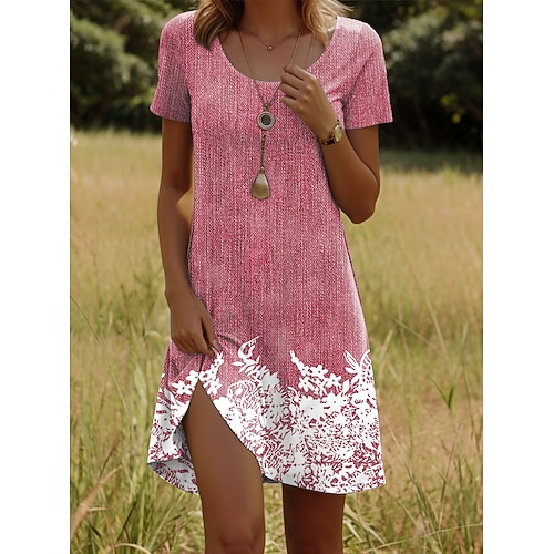 Damen Minikleid T-Shirt-Kleid A Linie Kleid Sommerkleid Lässig Täglich Normale Passform Blumen Grafik Kurzarm Rundhalsausschnitt Rosa Blau Purpur Grün Sommer Frühling Image