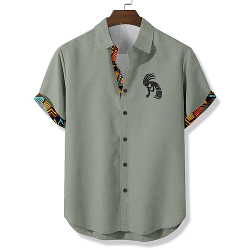 Herren aztekisch Ethnisch Kokopelli Hemd Sommerhemd Knopfhemd Kurzarm Vintage-Retro Urlaub Alltagskleidung Strandbekleidung Sommer Frühling Umlegekragen 3D-Druck Leinenähnliches Hemd Blau Grün Khaki Image