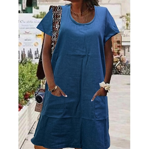 Damen Minikleid Freizeitkleid Baumwoll-Leinenkleid Sommerkleid Basic Modern Täglich Wochenende Normale Passform Einfach Kurzarm U-Ausschnitt Königsblau Sommer Image