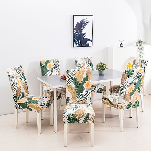 1/2/4/6 Stück elastische Stuhlhussen und rutschfeste modische Stuhlhussen für Esszimmerstühle, einfache Stuhlschutzhülle mit Pflanzenblätterdruck für die Inneneinrichtung von Hotels, Restaurants und Image