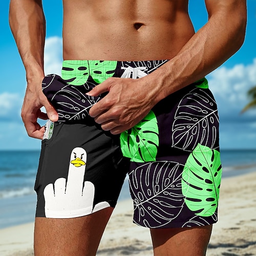 Herren Lustig Ente Palmblatt Gefütterte Shorts 2 in 1 Badeshorts Badeshorts Mittlere Taille Hawaiianisch Urlaub Ferien Strandbekleidung Seitentaschen Mit Kompressionsfutter Elastischer Kordelzug in Image