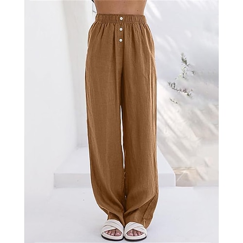 Damen Kunstbaumwollleinen Palazzo-Hose Mode Streetwear Komfort Volle Länge Mittlere Taille Einfach Tasche Elastischer Bund Bequem Außenbereich Straße Alltagskleidung Ausgehen Aprikose Schwarz Braun Image