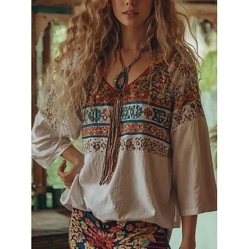 Damen Bluse Blumen Grafik Bohemien Vintage Tropisch Dreiviertelarm V Ausschnitt Normale Oberteile Gerafft Druck Beige Sommer Frühling