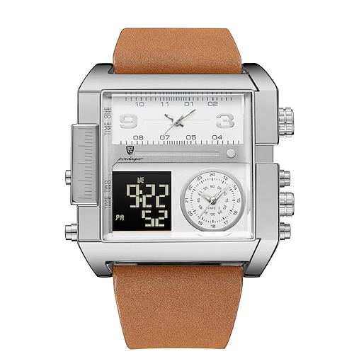Herren Digitaluhr Quarzuhr Retro Vintage Großes Ziffernblatt Armbanduhr LED-Hintergrundbeleuchtung Chronograph Wasserdicht Echtes Leder Beobachten Image