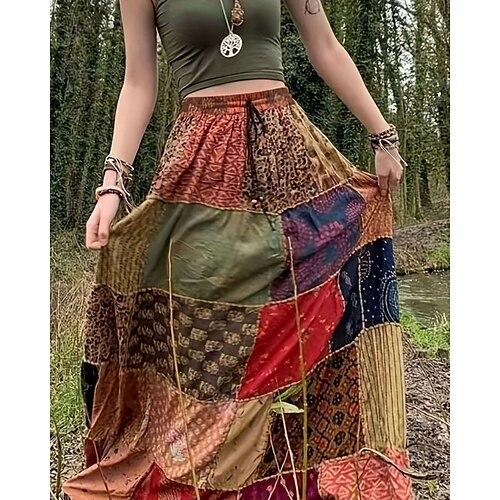 Damen Rock Lässig Boho Maxi Mittlere Hüfthöhe Röcke Blumen Druck Mikroelastisch Urlaub Straße Rote Blau Sommer Polyester
