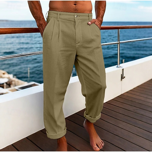 Herren Leinenhosen Hose Anzughose Sommerhose Baggy-Hosen Fronttasche Gerader Schnitt Einfach Komfort Atmungsaktiv Volle Länge Geschäft Täglich Ferien Urlaub Mode Schwarz Weiß Image