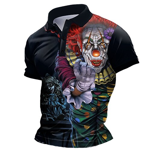 Herren Gruseliger Clown Polo Kurzarm Polo-Shirts Hemden mit Kragen Dunkel Straße 3D-Druck Sommer Schwarz Image