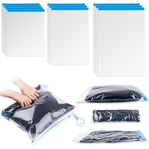 Kompressionsbeutel für die Reise, 10 Stück platzsparende Beutel, handgerollte Vakuumbeutel für die Reise, kein Vakuum erforderlich (3 große, 3 mittlere, 4 kleine), Aufbewahrungsbeutel für Kleidung, Image