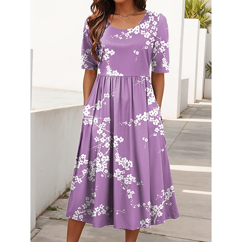 Damen Midikleid Sommerkleid Faltenkleid Urlaub Lässig Strand Täglich Ferien Normale Passform Blumen Grafik Kurzarm Rundhalsausschnitt Blau Purpur Grün Sommer Image