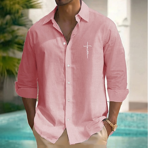 Herren Mit Buchstaben bedruckt Glaube Hemd Sommerhemd Knopfhemd Langarm Modisch lässig Alltagskleidung Lässig Strandbekleidung Sommer Frühling Umlegekragen 3D-Druck Leinenähnliches Hemd Weiß Rosa Blau Image