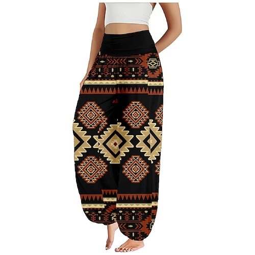 Damen Kunstbaumwollleinen Weites Bein Hosen Hose Ethno-Stil Lässig Boho Volle Länge Hohe Taille Blumen Grafik Paisley-Muster Tasche Elastischer Bund Drucken Atmungsaktivität Weich Mikroelastisch Image