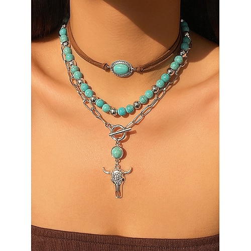 Damen-Set aus mehrlagigen türkisfarbenen Perlen im Western-Stil – Statement-Schmuck im Boho-Stil mit Kaktus- und Tropfenanhängern, ideal für Festivals, Country-Konzerte und die Freizeit Image