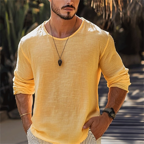 Herren T Shirt T-Shirt Langarmshirt Langarm Rundhalsausschnitt Sommer Frühling Einfach Mode Designer Basic Basic Urlaub Straße Ausgehen Gelb Top T-Shirt für Herren Image
