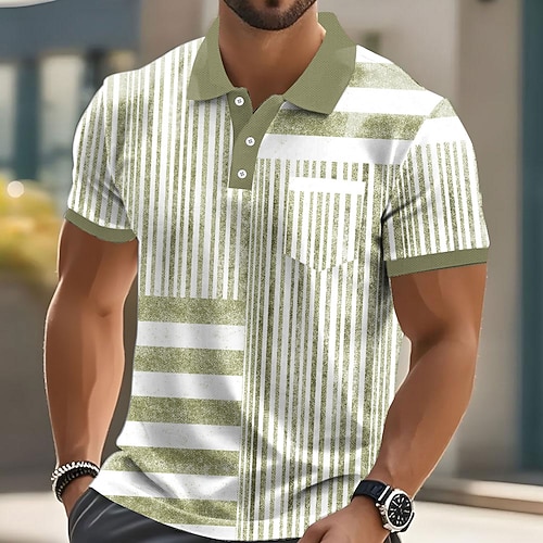 Herren Grafik Vertikale Streifen Polo Kurzarm Polo-Shirts Hemden mit Kragen Business-Casual Outdoor Athleisure Alltagskleidung Knöpfe 3D-Druck Sommer Blau Braun Grün Image