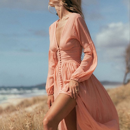 Damen Langes Kleid Maxikleid Kunstbaumwollleinen Kaftan Kleid Baumwoll-Leinen-Kleider Abschlussballkleid Vintage Mode Outdoor Ferien Date Normale Passform Einfach Langarm Tiefer V-Ausschnitt Rosa Image