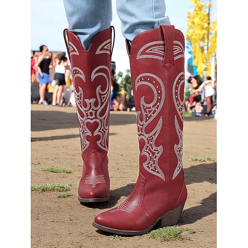 Damen Western-Cowboystiefel mit gesticktem Design – stylische braune Stiefel mit Blockabsatz für Musikfestivals, Freizeitkleidung und Outdoor-Events Image