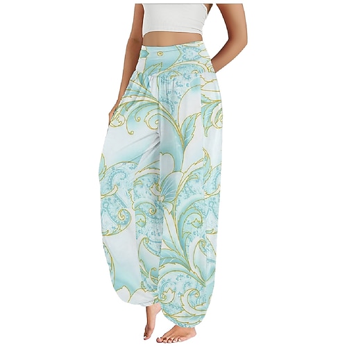 Damen Kunstbaumwollleinen Weites Bein Hosen Hose Ethno-Stil Lässig Boho Volle Länge Hohe Taille Blumen Tasche Elastischer Bund Drucken Atmungsaktivität Weich Mikroelastisch Outdoor Yoga Rosa Image