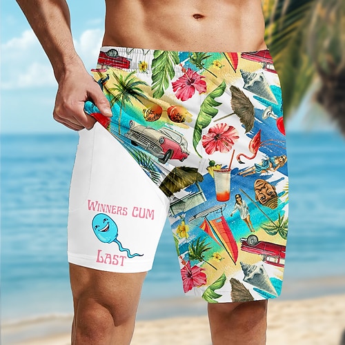 Herren Kokospalme Tropische Pflanzen Kaulquappe Gefütterte Shorts 2 in 1 Badeshorts Badeshorts Mittlere Taille Hawaiianisch Ferien Seitentaschen Mit Kompressionsfutter Elastischer Kordelzug in der Image