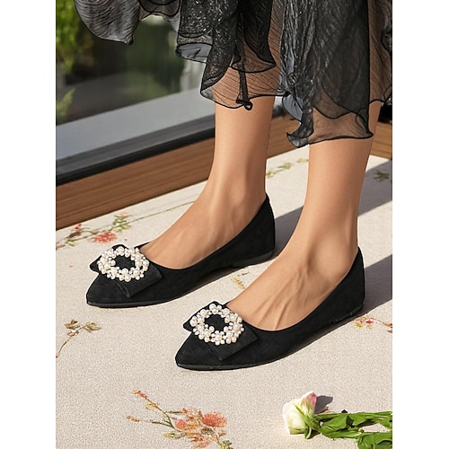 Schwarze Ballerinas mit spitzer Spitze und Perlenschleife für Damen – elegante Wildleder-Ballerinas für legere Verabredungen und Alltagsoutfits Image