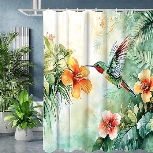 Duschvorhang mit Haken 200 cm hoch duschvorhang waschbar Polyester maschinenwaschbar wasserdicht blumen blatt tropische Vogelblumenblatt-Pflanzen einfaches Muster Image