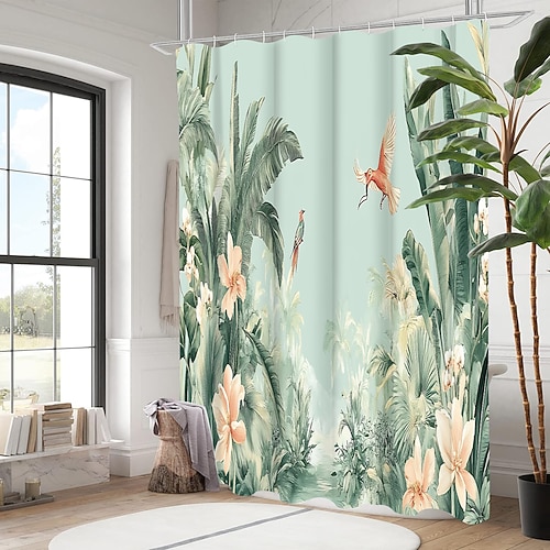 Duschvorhang mit 12 Haken 200 cm hoch duschvorhang waschbar Polyester maschinenwaschbar wasserdicht blumen tropisches Blatt-Pflanzenmuster Image