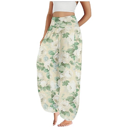 Damen Kunstbaumwollleinen Weites Bein Hosen Hose Ethno-Stil Lässig Boho Volle Länge Hohe Taille Blumen Tasche Elastischer Bund Drucken Atmungsaktivität Weich Mikroelastisch Outdoor Yoga Leicht Grün Image
