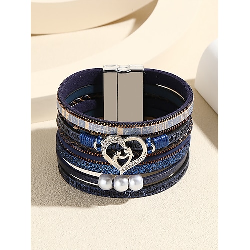 Magnetisches Kunstlederarmband für Damen – Manschette aus Legierung mit Herz- und Perlenanhänger und inspirierendem Text, Modeschmuck im Boho-Stil als Geschenk für Mama, geeignet für Muttertag, Geburtstage und lässige Outfits Image