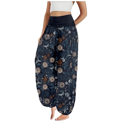 Damen Kunstbaumwollleinen Weites Bein Hosen Hose Ethno-Stil Lässig Boho Volle Länge Hohe Taille Blumen Blatt Tropisch Tasche Elastischer Bund Drucken Atmungsaktivität Weich Mikroelastisch Outdoor Yoga Image