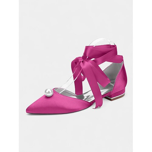 Marineblaue Ballerinas aus Satin mit spitzer Spitze für Damen – Abendschuhe mit Perlenverzierung und Schleife für elegante Abende, Hochzeiten und besondere Anlässe Image