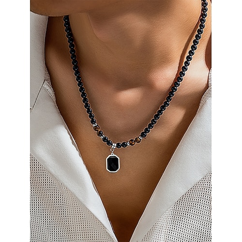 Herrenkette aus schwarzen Onyxperlen mit Tigerauge-Akzenten und silbernem Anhänger – stilvolles Geschenk für legere und formelle Anlässe Image