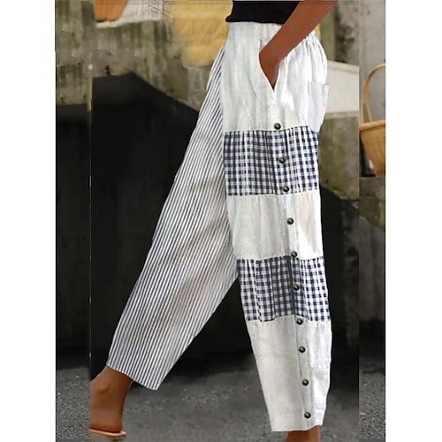 Damen Kunstbaumwollleinen Basic Lässig Volle Länge Hohe Taille Blumen Karomuster Tasche Elastischer Bund Druck Bequem Außenbereich Straße Alltagskleidung Ausgehen Schwarz Weiß Elfenbein Sommer Image