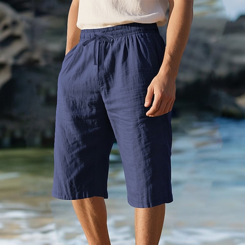 Herren Caprihose Leinenshorts Sommershorts Strandshorts Kordelzug Elastischer Bund Einfach Komfort Atmungsaktiv Wadenlang Täglich Outdoor Strand Urlaub Mode Schwarz Weiß Image