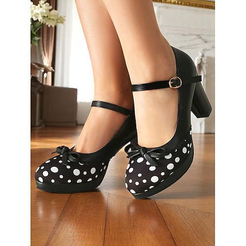 blaue Mary Janes mit gepunktetem Blockabsatz für Damen – Vintage-Stil der 50er Jahre mit Schleifen, ideal für Teepartys, Verabredungen und Lolita-Mode Image