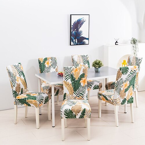 1/2/4/6 Stück elastische Stuhlhussen und rutschfeste modische Stuhlhussen für Esszimmerstühle, einfache Stuhlschutzhülle mit Pflanzenblätterdruck für die Inneneinrichtung von Hotels, Restaurants und Image