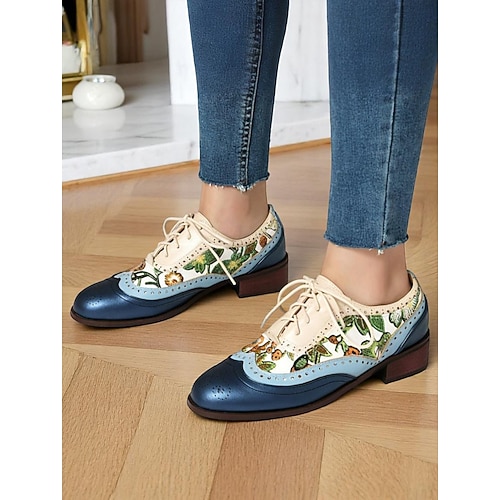 Oxford-Schuhe für Damen mit Blumenstickerei – flache Schnürschuhe aus Kunstleder im Vintage-Stil der 50er für den Alltag, Teepartys und Gartenspaziergänge Image