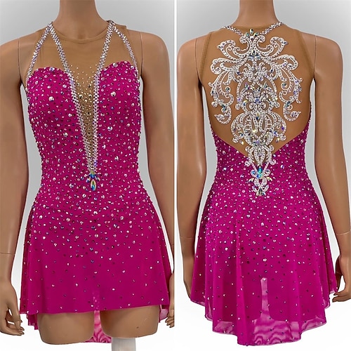 Eiskunstlaufkleid Damen Mädchen Eislaufen Kleid Rosenrot Patchwork Asymmetrischer Saum Netzstoff Spandex Hohe Elastizität Training Wettbewerb Eiskunstlaufkleidung Klassisch Kristall / Strass Ärmellos Image