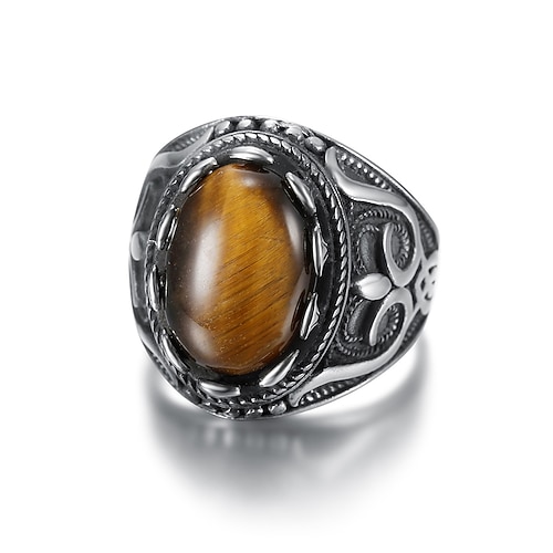 Herrenring aus Edelstahl im Vintage-Stil mit Tigerauge-Stein, antikes silbernes Tribal-Design, auffälliger Statement-Ring, geeignet für legere und formelle Anlässe Image