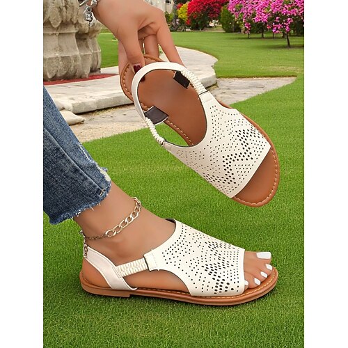 Cremefarbene Peep-Toe-Sandalen mit Cut-outs für Damen – atmungsaktives Lasercut-Design, lässiger Chic für Frühlingsspaziergänge, Reisen und Komfort im Alltag Image