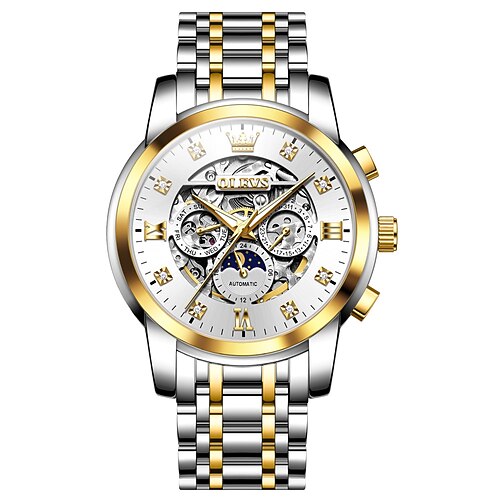 OLEVS Herren Mechanische Uhr Luxus großes Ziffernblatt Hohles Skelett Automatisch Selbstaufziehend Mondphase Leuchtende Stahl Armbanduhr Image