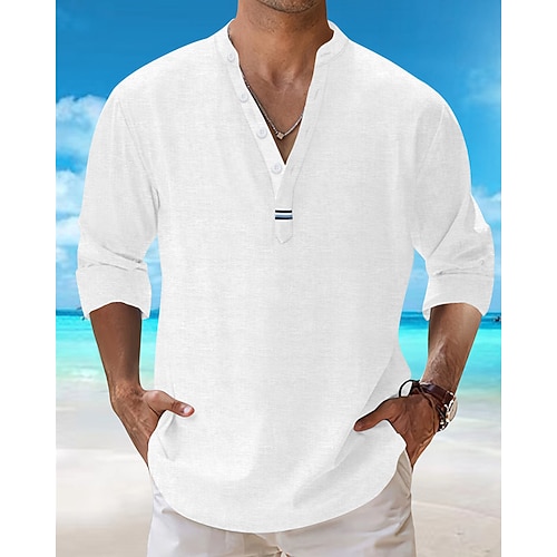 Herren Hemd Popover-Hemd Sommerhemd Freizeithemd Strandhemd Schwarz Weiß Rosa Marineblau Himmelblau Langarm Einfach Revers Urlaub Hawaiianisch Bekleidung Baumwollmischung Mode Lässig Bequem Image