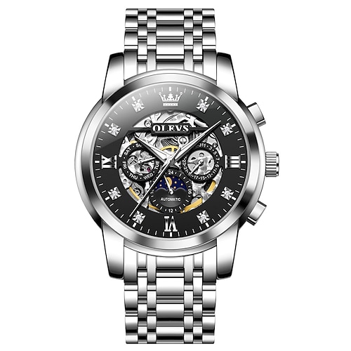 OLEVS Männer mechanische Uhr Luxus große Zifferblatt hohles Skelett automatische Self-Winding Mondphasen leuchtende Stahl-Armbanduhr