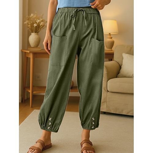 Damen Kunstbaumwollleinen Komfort Chino Lang Hohe Taille Einfach Elastischer Bund Schnalle Bequem Außenbereich Straße Alltagskleidung Ausgehen Armeegrün Sommer Normale Passform Image