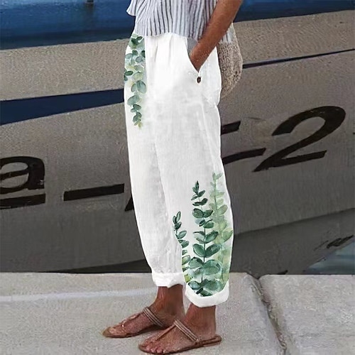 Damen Kunstbaumwollleinen Palazzo-Hose Mode Streetwear Komfort Knöchellang Mittlere Taille Blume / Blumenmuster Tasche Elastischer Bund Bequem Außenbereich Straße Alltagskleidung Ausgehen Blau Kaltes Image