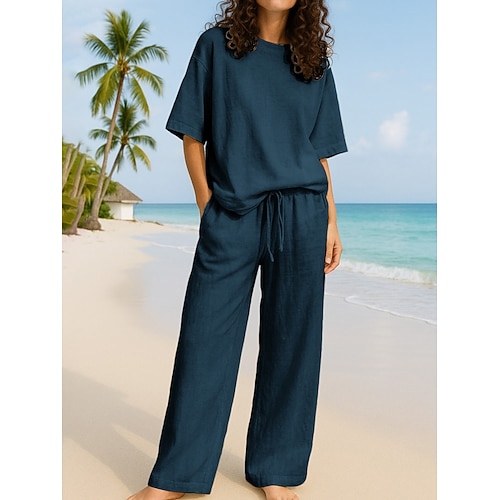 Damen Baumwoll-Leinen-Sets Zweiteilige Sets Hosen-Sets Halbarm Rundhalsausschnitt Einfarbig Aktiv Basic Alltagstauglich Marineblau Braun Grün Sommer Normale Passform Image