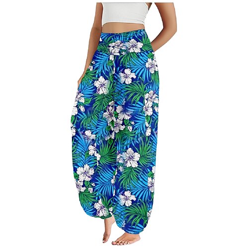 Damen Kunstbaumwollleinen Weites Bein Hosen Hose Ethno-Stil Lässig Boho Volle Länge Hohe Taille Blumen Blatt Tropisch Tasche Elastischer Bund Drucken Atmungsaktivität Weich Mikroelastisch Outdoor Yoga Image
