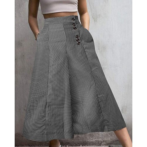 Damen Weite Hosenbeine Stoffhosen Hosen Hose Mode Streetwear Volle Länge Natürliche Taille Gestreift Tasche Elastischer Bund Bequem Außenbereich Straße Ausgehen Schwarz Weiß Blau Sommer Normale Image