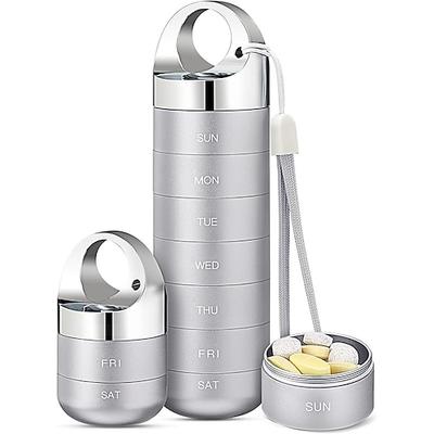 Reise-Pillenbox aus Metall, tragbare wasserdichte Wochen-Pillenbox, großer Pillenbehälter aus Aluminiumlegierung, BPA-freier 7-Tage-Medikamenten-Organizer für Vitamine, Fischöl und Image