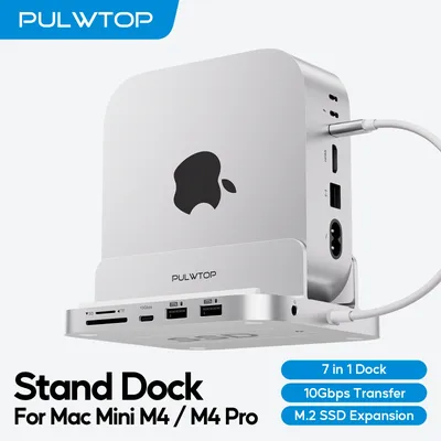 PLWTOP Vertical Mac Mini M4 Dock with 4TB SSD Enclosure, USB A/C 3.2 10 Gbps, USB A 2.0, SD/TF,