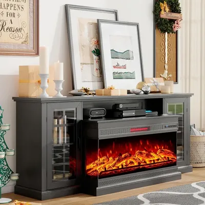 75" Fireplace TV Stand with 3-Sided Glass Electric Fireplace, Media Entertainment Center with